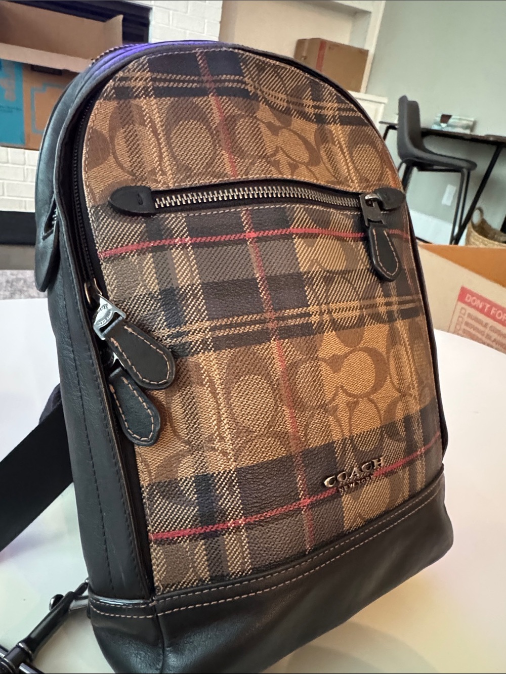 Coach Men's Brown and Black Signature Plaid Sling Bag - Picture 3 of 10